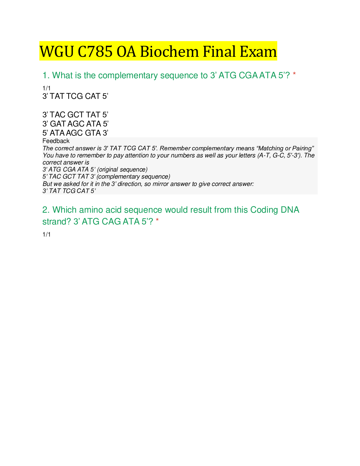 Preview image for (Western Governors University) BIOCHEM C785 final exam New assessment style Questions & Answers